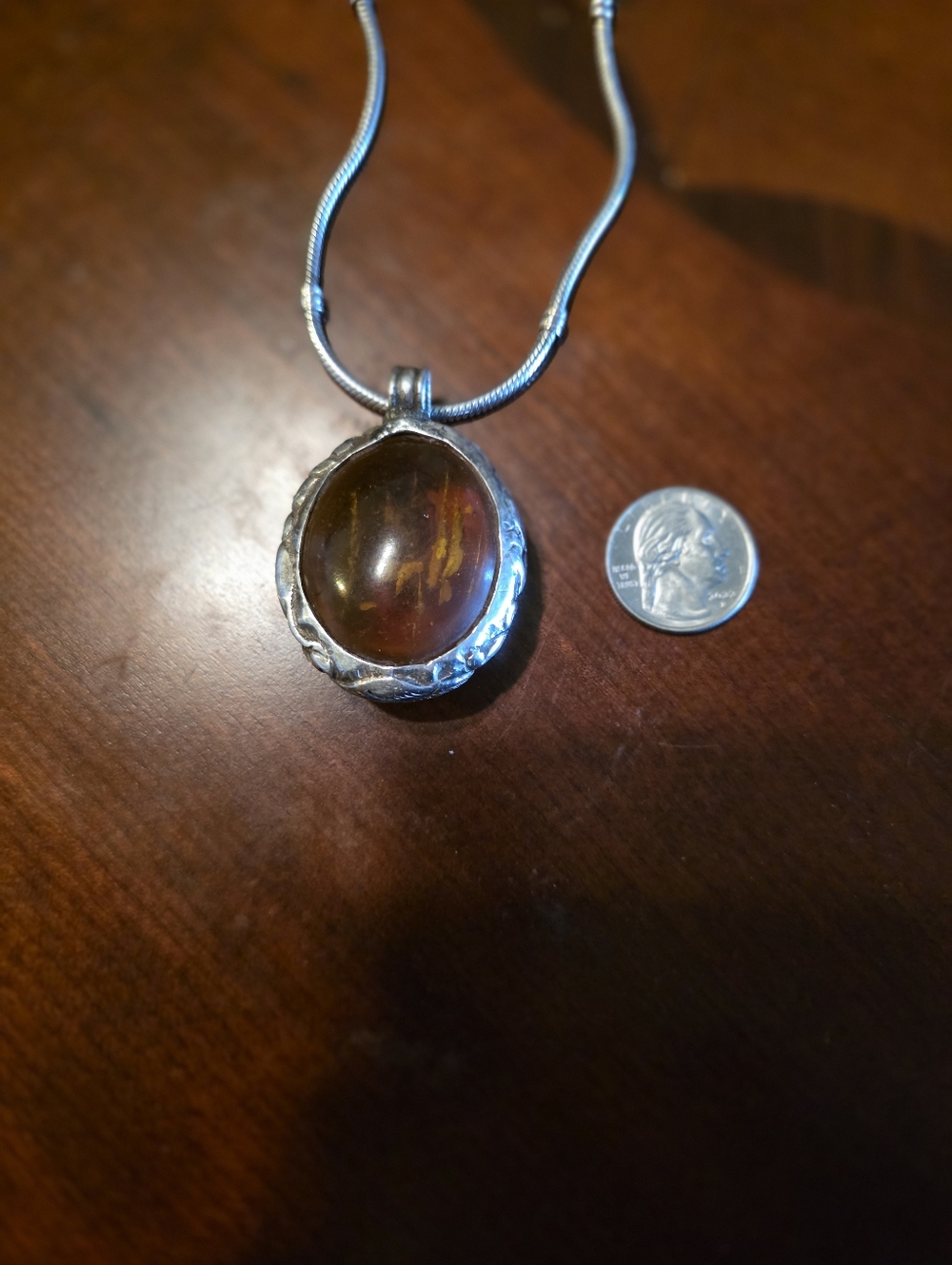 Vintage AMBER Hand Forged Silver  Lg. Pendant Looks Great On Silver Chain